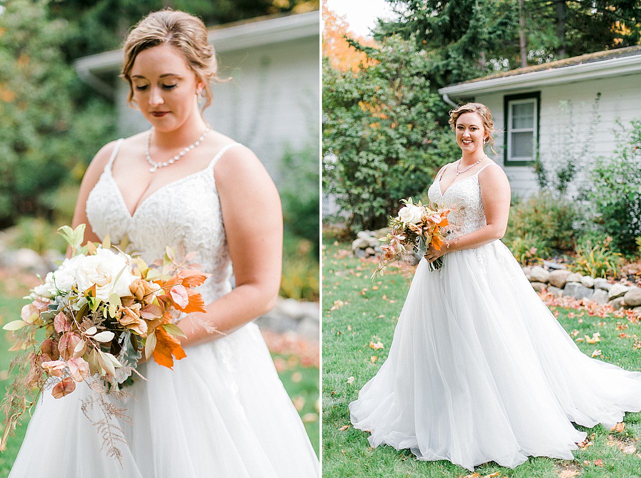 Bridal portraits outside near a white house and greenery in Charlevoix, Michigan
