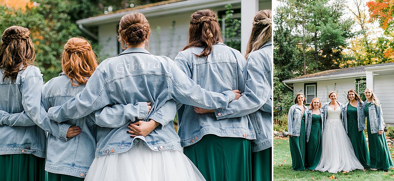 A bride with her bridesmaids wearing jean jackets with their last names on the back in Charlevoix, Michigan