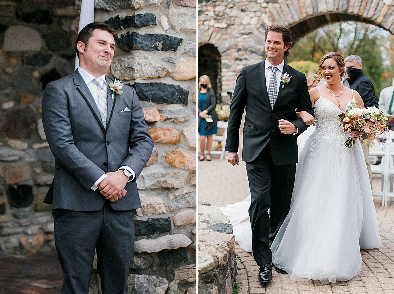 The groom smiling at his bride as she walks down the aisle in the Queens Courtyard in Charlevoix, Michigan