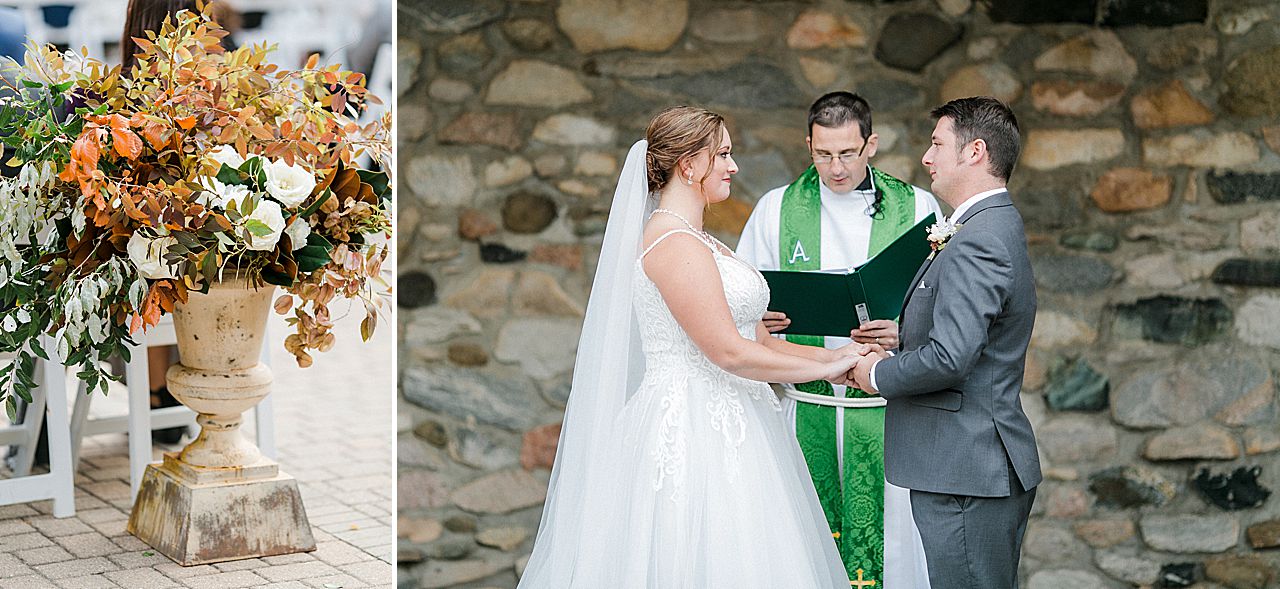 A bride and grooms exchanging vows at their wedding ceremony at Castle Farms in Charlevoix, Michigan
