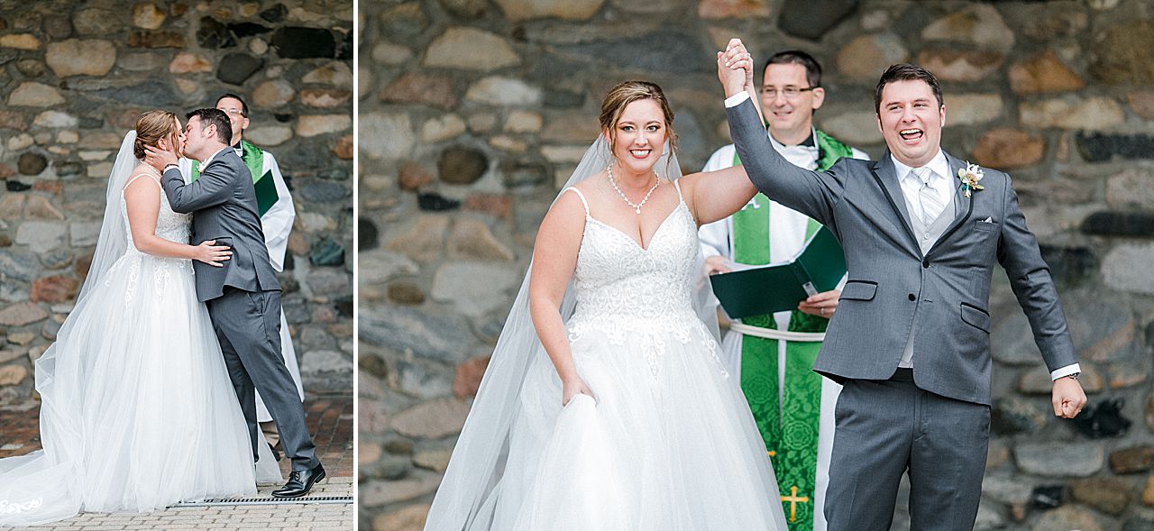 A bride and groom sharing their first kiss at their ceremony at Castle Farms in Charlevoix, Michigan
