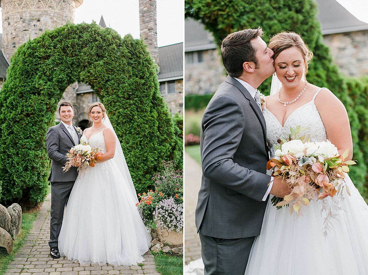Bride and groom portrait in the butterfly garden in Charlevoix, Michigan