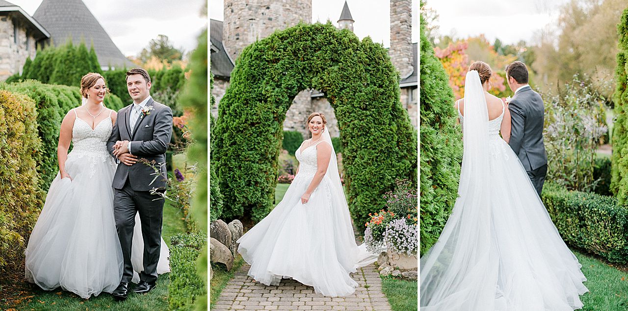 Bride and groom portraits in the butterfly garden at Castle Farms in Charlevoix, Michigan