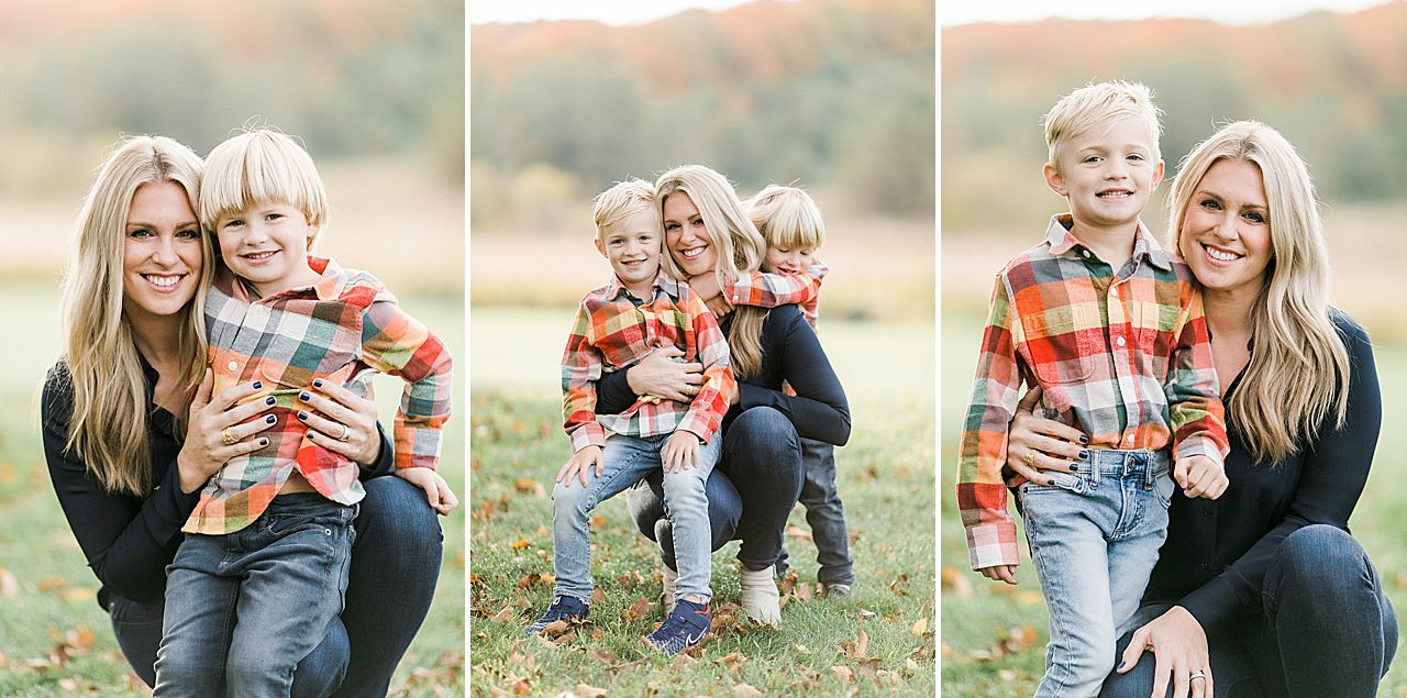 A mother and her sons in the fall in Northern Michigan