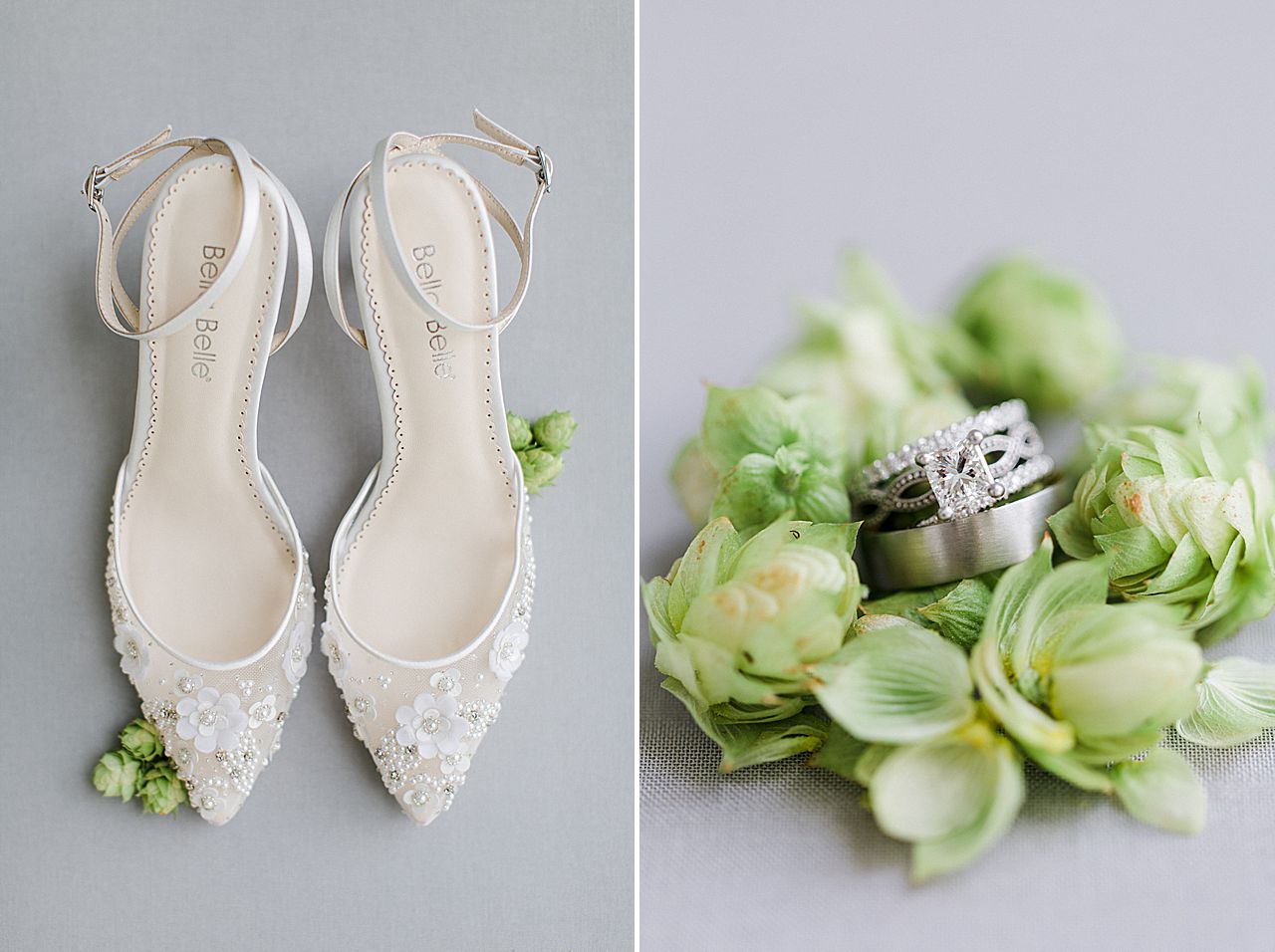 Wedding shoes and wedding rings placed on hops