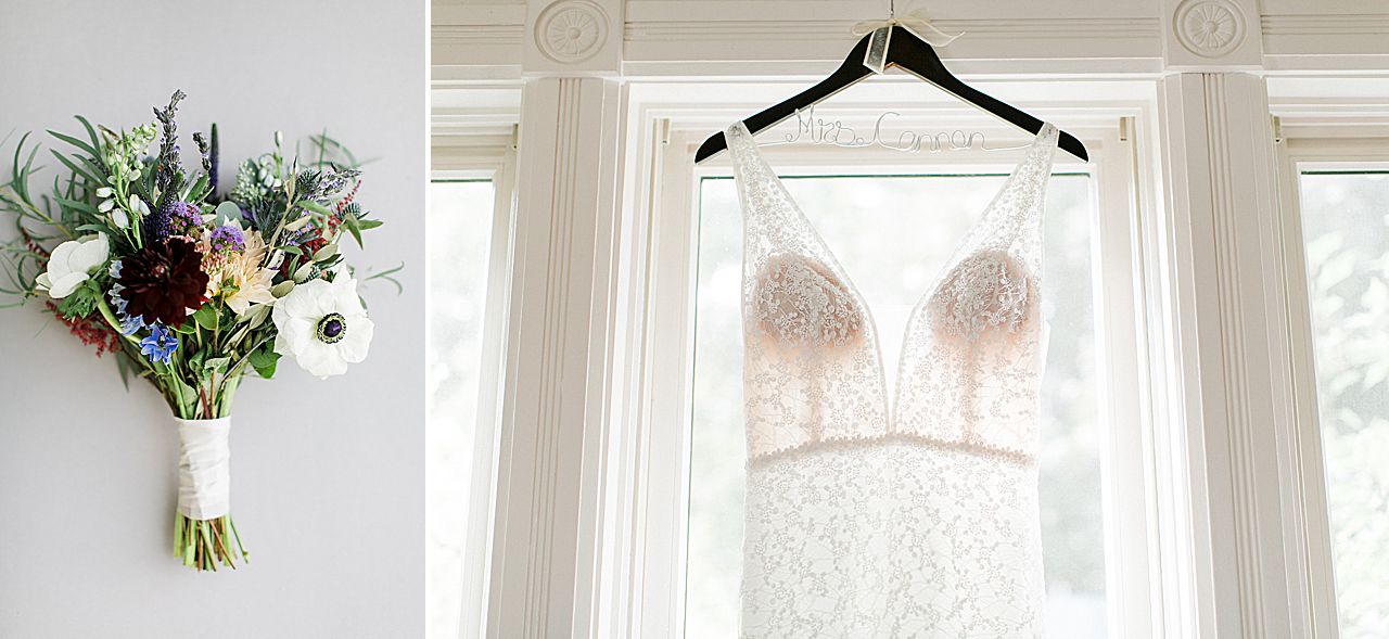 Wedding bouquet and a wedding dress hanging in a window