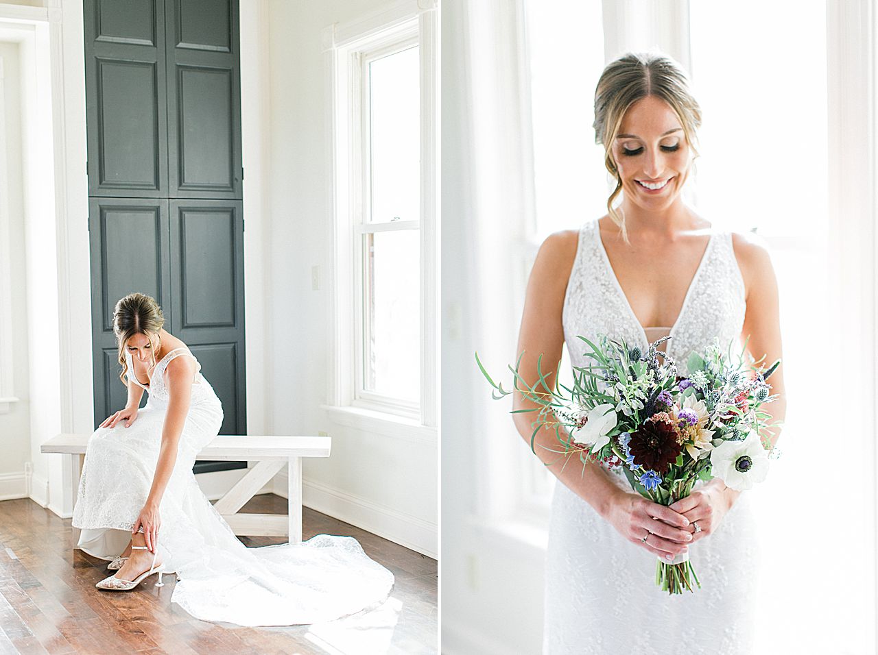 A bride putting on her shoes and a farmhouse at Aurora cellars