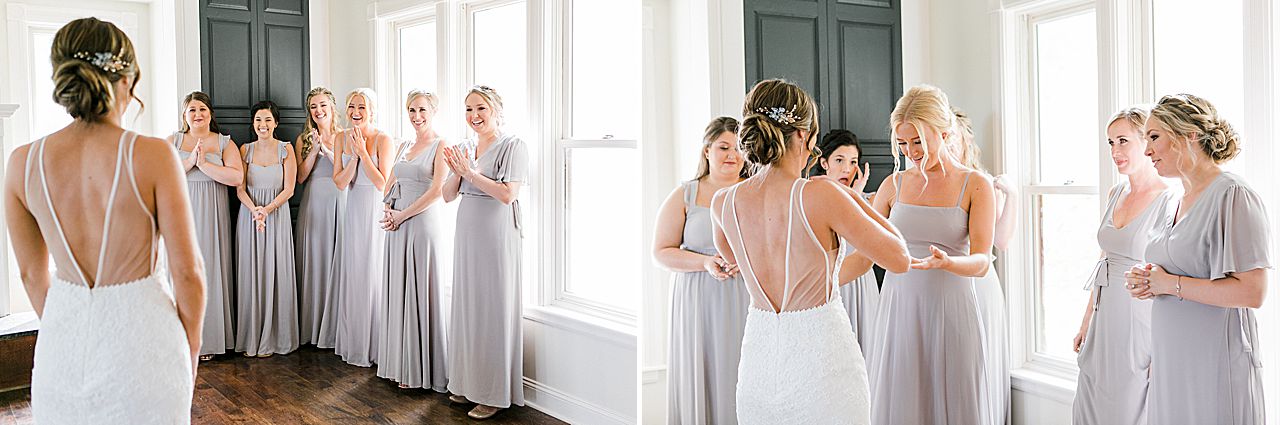 A bride having a first look with her bridesmaids