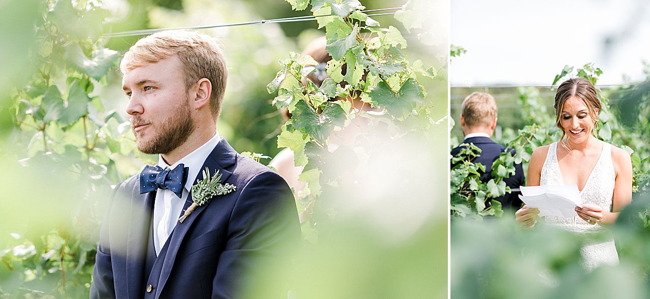 A bride and groom reading letters to each other before their wedding ceremony at Aurora Cellars in the Leelanau Peninsula