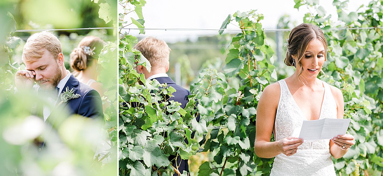 A bride and groom reading letters to each other in a vineyard