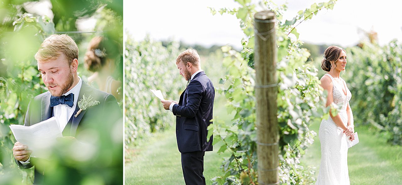 A bride and groom reading letters to each other in a vineyard on the Leelanua Peninsula