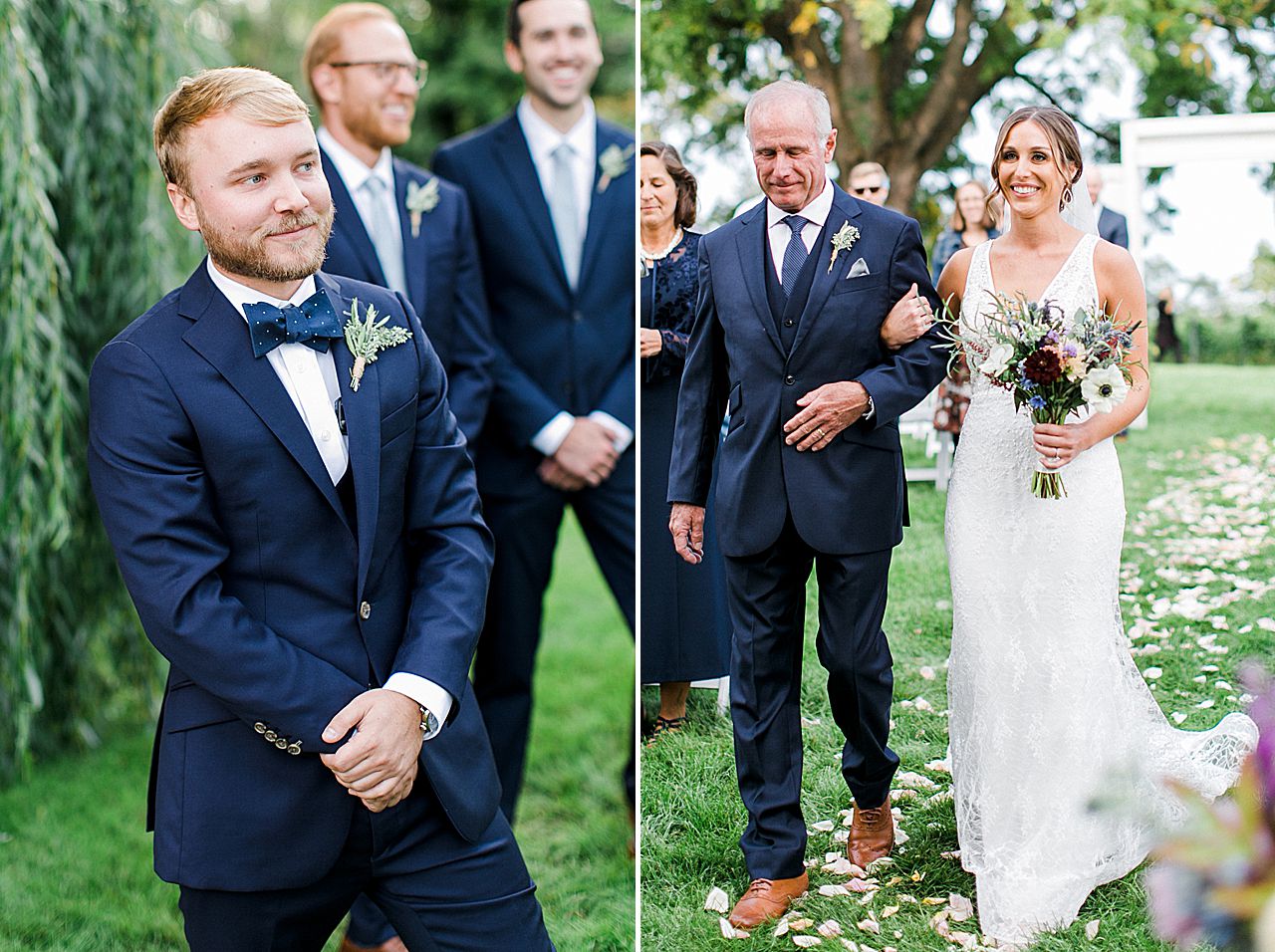 A bride walking down the aisle towards her groom