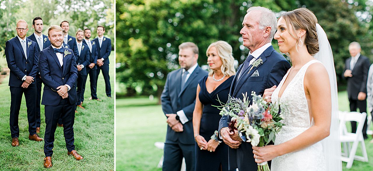 A bride standing in the aisle with her father at a wedding ceremony