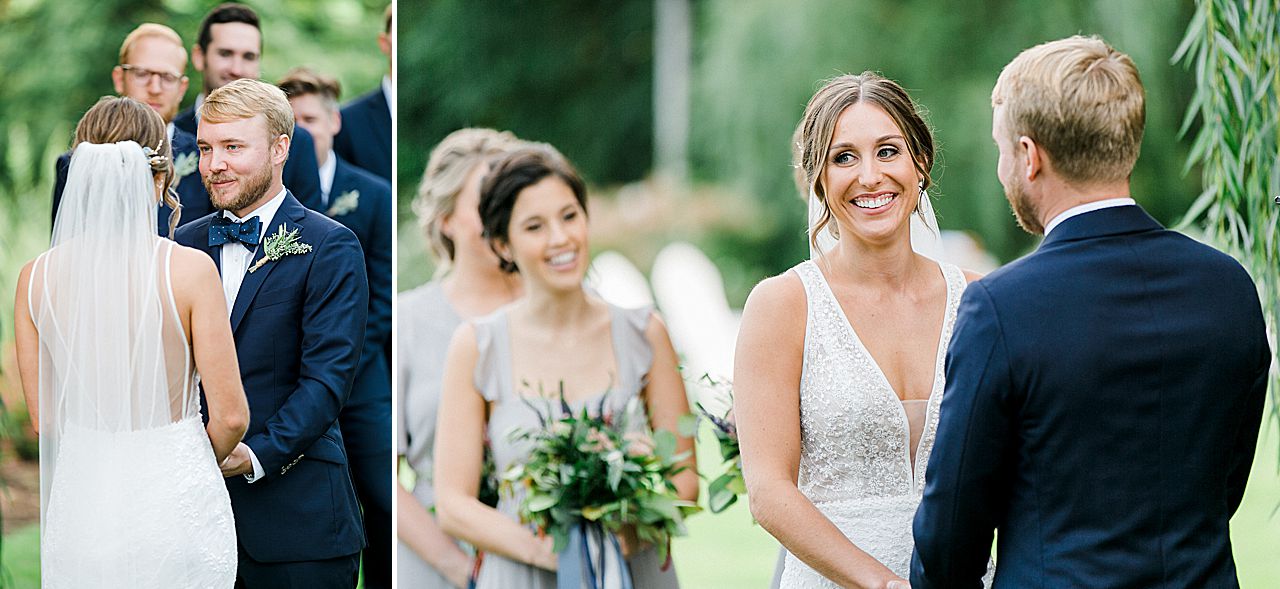 A bride and groom smiling at each other during their wedding ceremony in Michigan