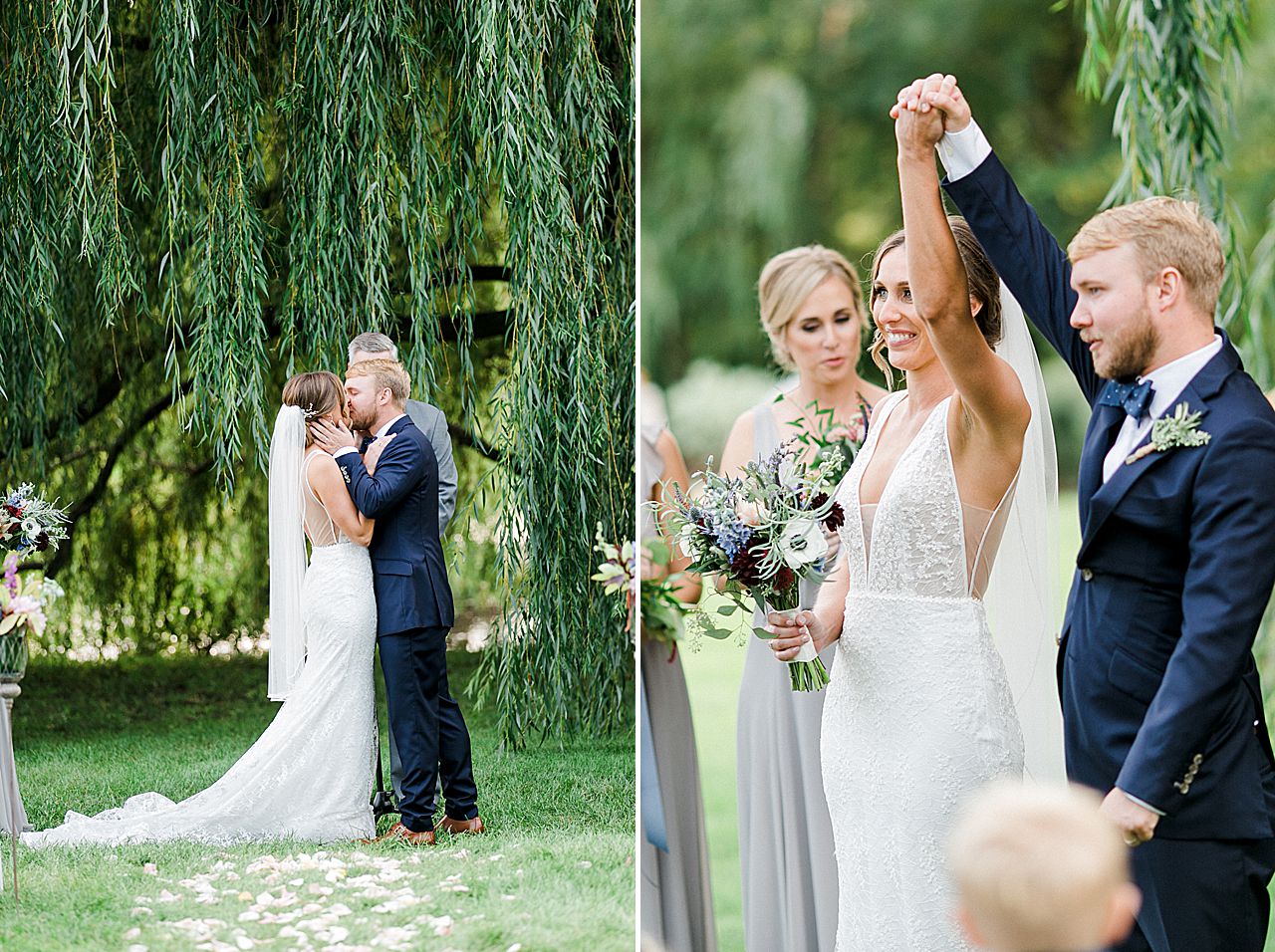 A bride and groom's first kiss under a willow tree at Aurora Cellars