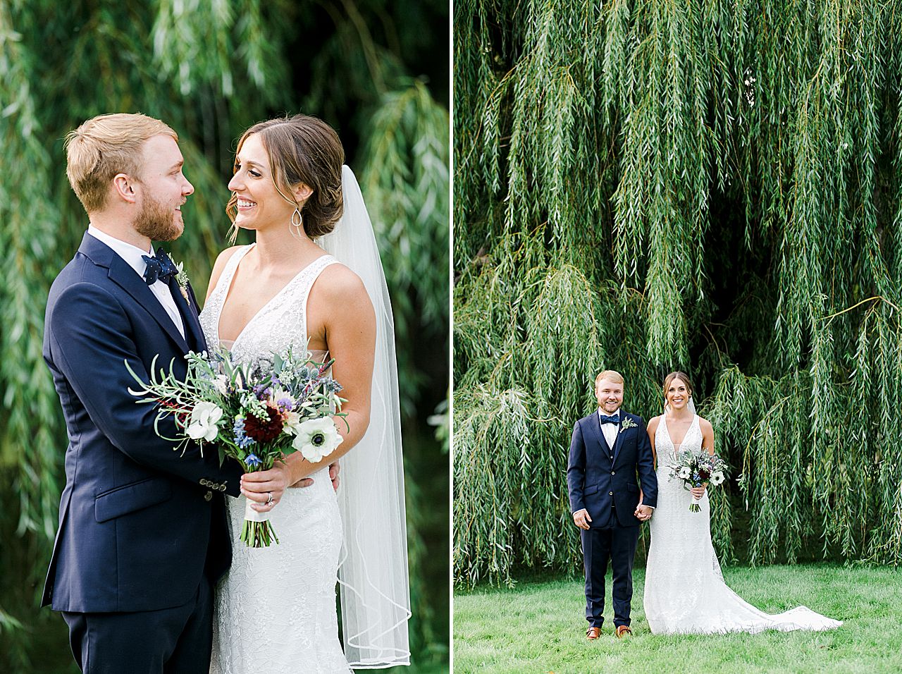 Bride and groom portraits under a willow tree at Aurora Cellars