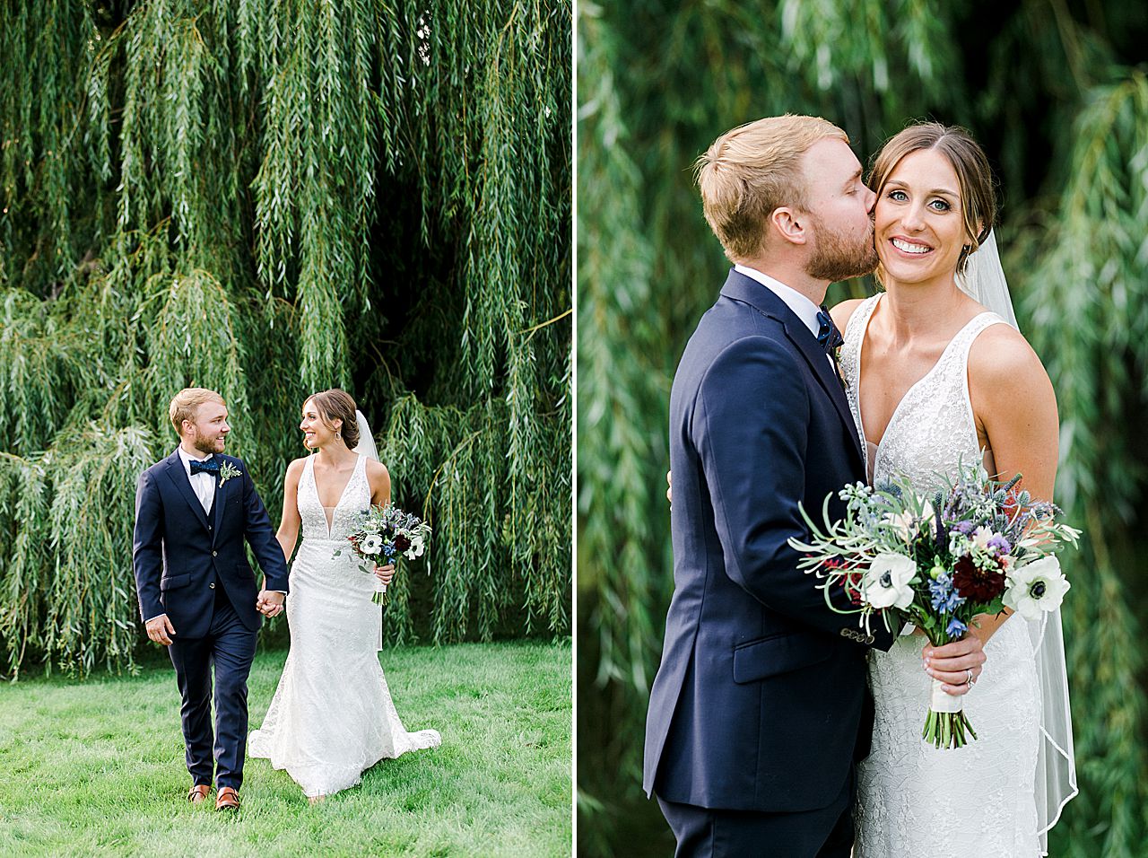 A bride and groom holding hands and walking while smiling