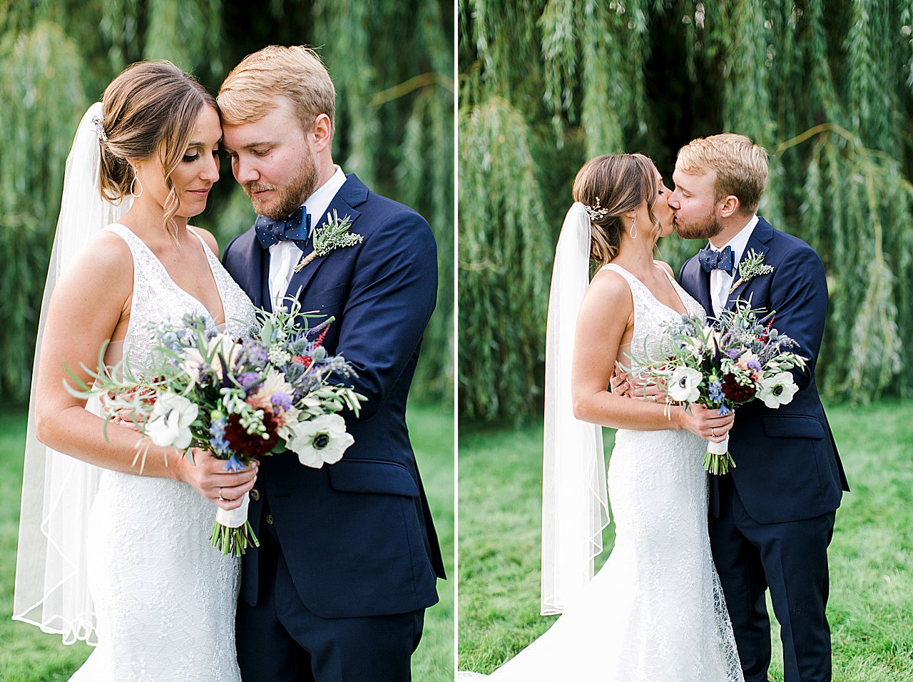A bride and groom kissing by willow tree at Aurora Cellars