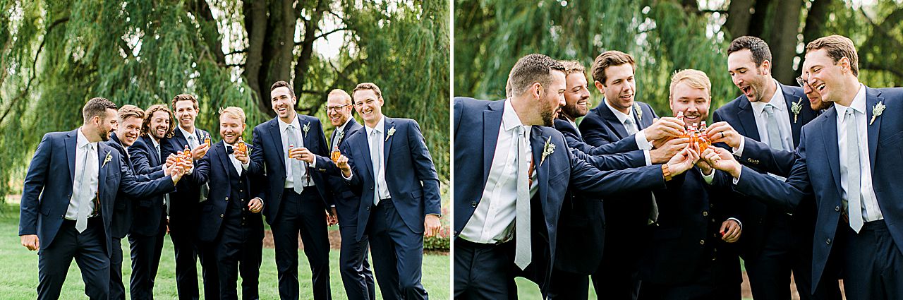 A groom and his groomsmen cheering in Northern Michigan