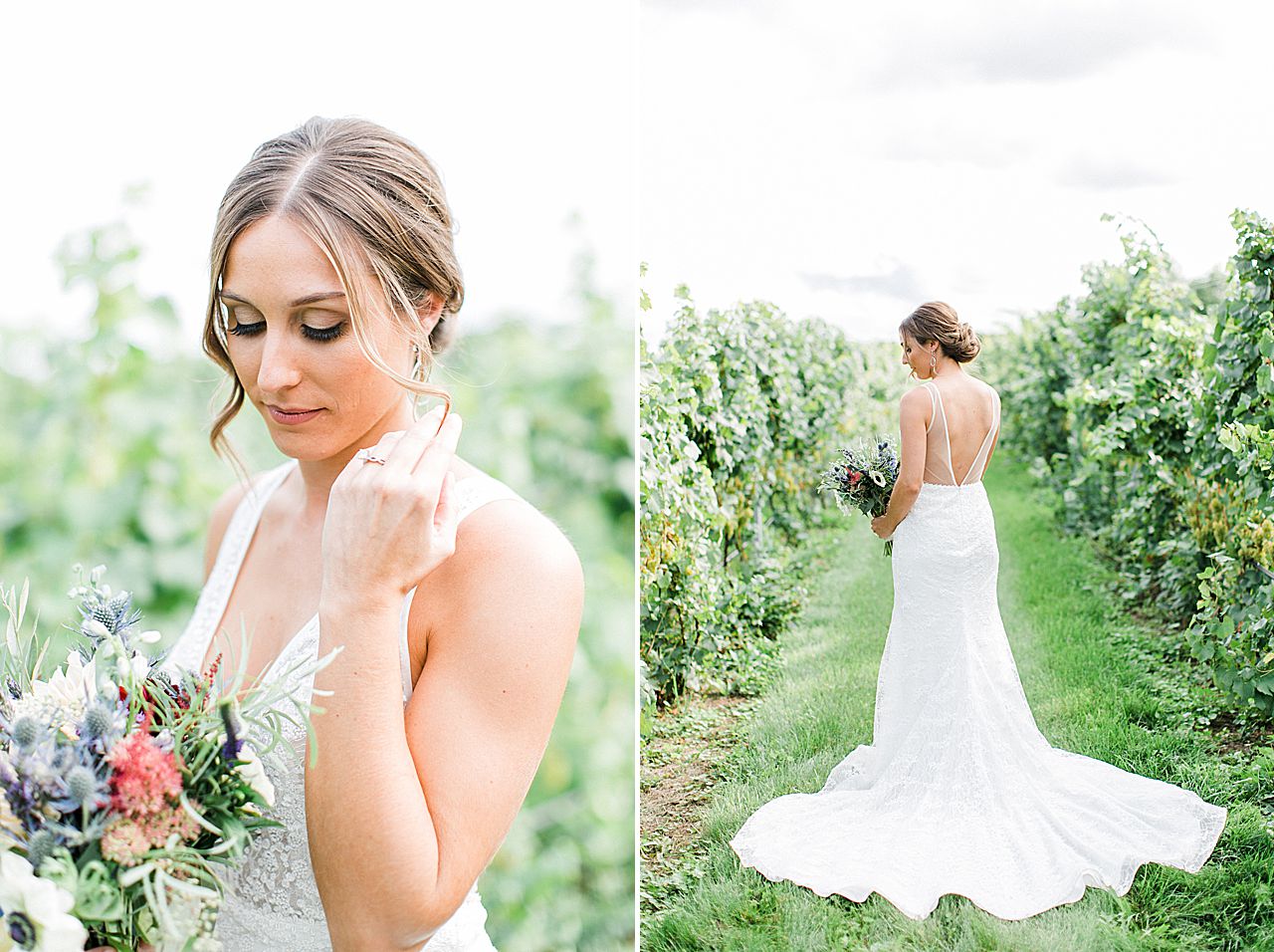 Bridal portraits in a vineyard at Aurora Cellars in Michigan