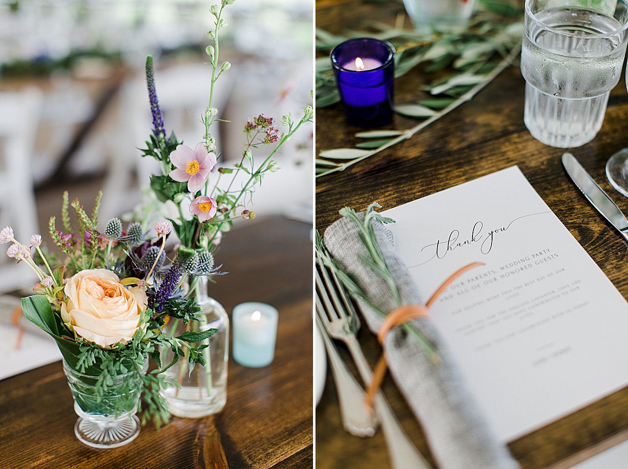 Wedding reception flowers and menu on wooden farm tables