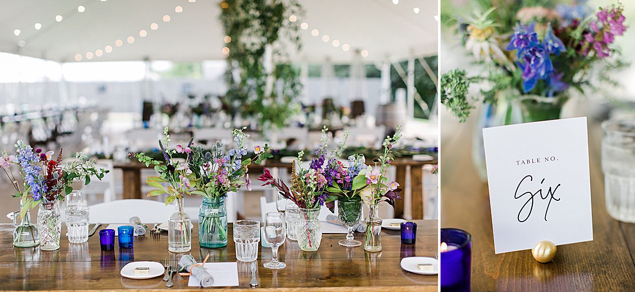 Wild flowers on wooden tables at a wedding reception at Aurora Cellars