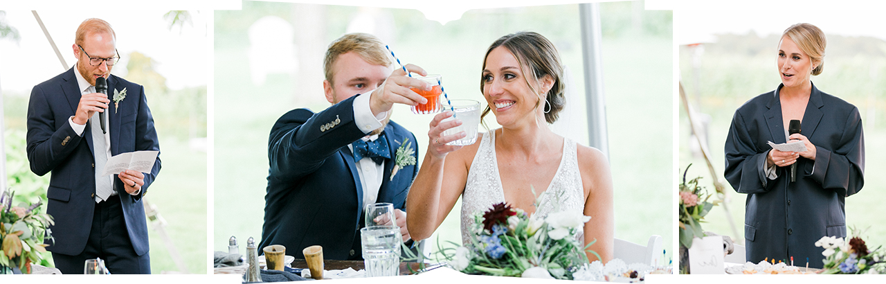 A bride and groom clinking glasses at their wedding reception after toasts from the maid of honor and best man