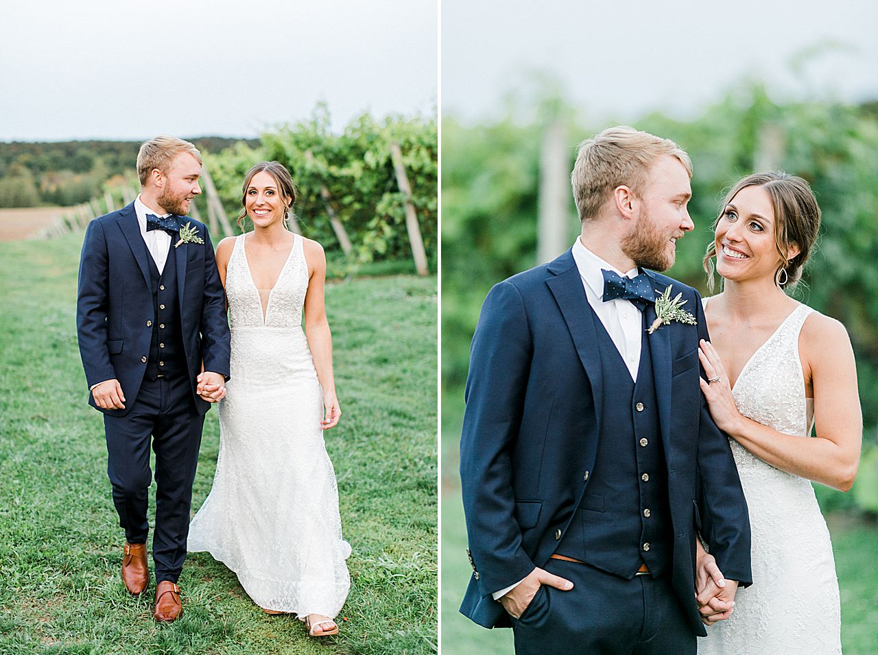 A bride and groom smiling while taking portraits at sunset
