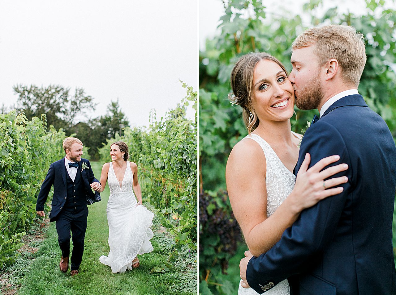 A bride and groom running through the vineyards at Aurora Cellars