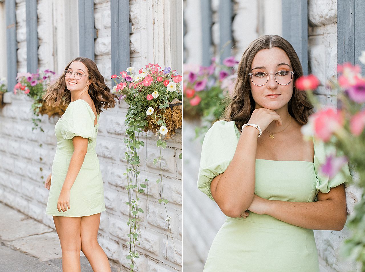 A senior portrait session with a girl walking in downtown Charlevoix