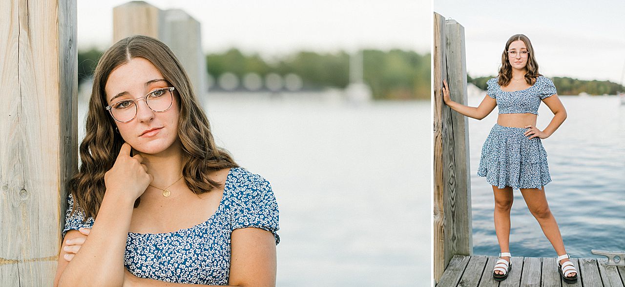A girl on a dock in the summer during her senior portrait session in Charlevoix