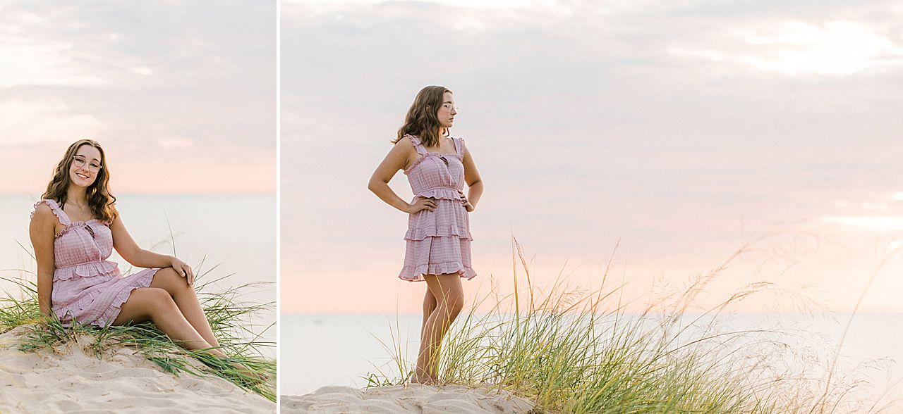 A senior portrait session with a girl in a pink dress on sand dunes in Charlevoix