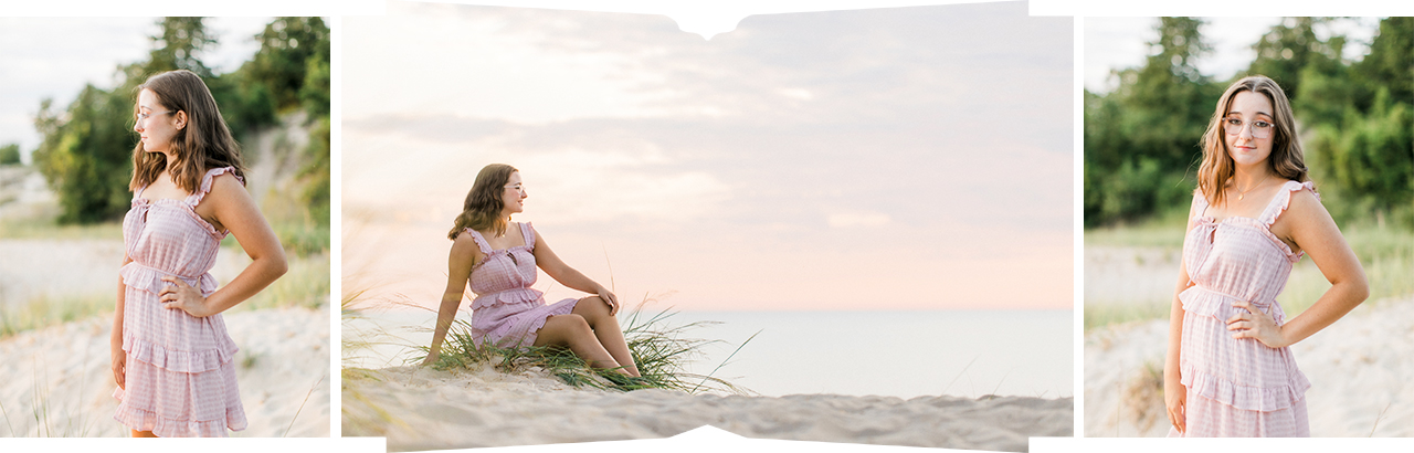A senior portrait session with a girl in a pink dress on sand dunes in Michigan