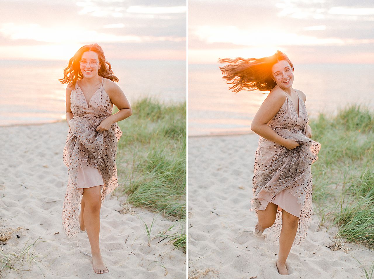 A senior portrait session with a girl running through sand dunes at sunset in Northern Michigan