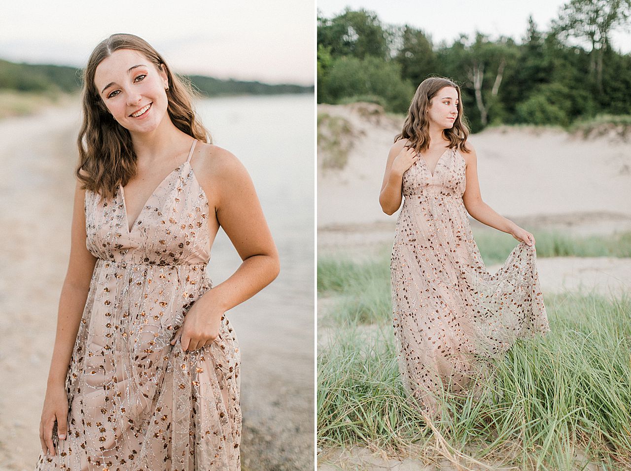 A girl's senior portrait session in sand dunes and beach grass in Charlevoix