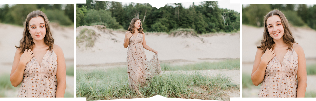 A girl's senior portrait session in sand dunes and beach grass in Northern Michigan