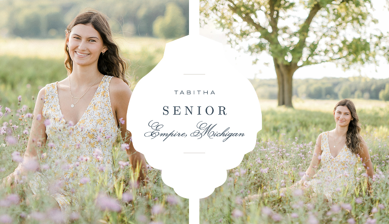 A girl's senior portrait session in a field in Empire, Michigan