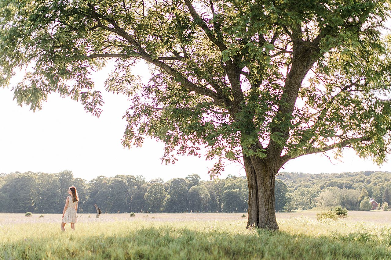 A girl during her senior portrait session in Michigan standing in a field with a large tree