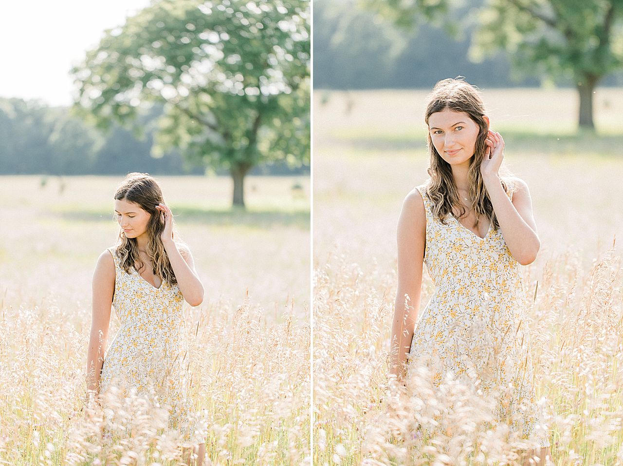 A girl in a large field with a tree in the background on a sunny summer evening in Northern Michigan taking senior portraits