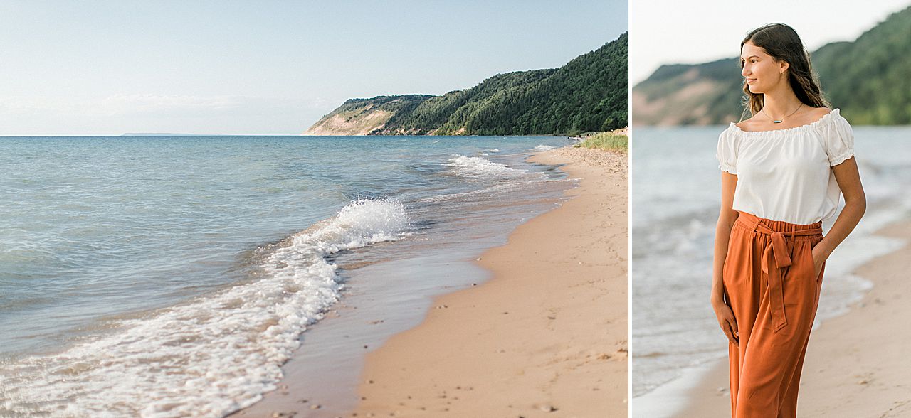 A girl looking at Lake Michigan along Sleeping Bear Dune National Lakeshore during her senior portrait session