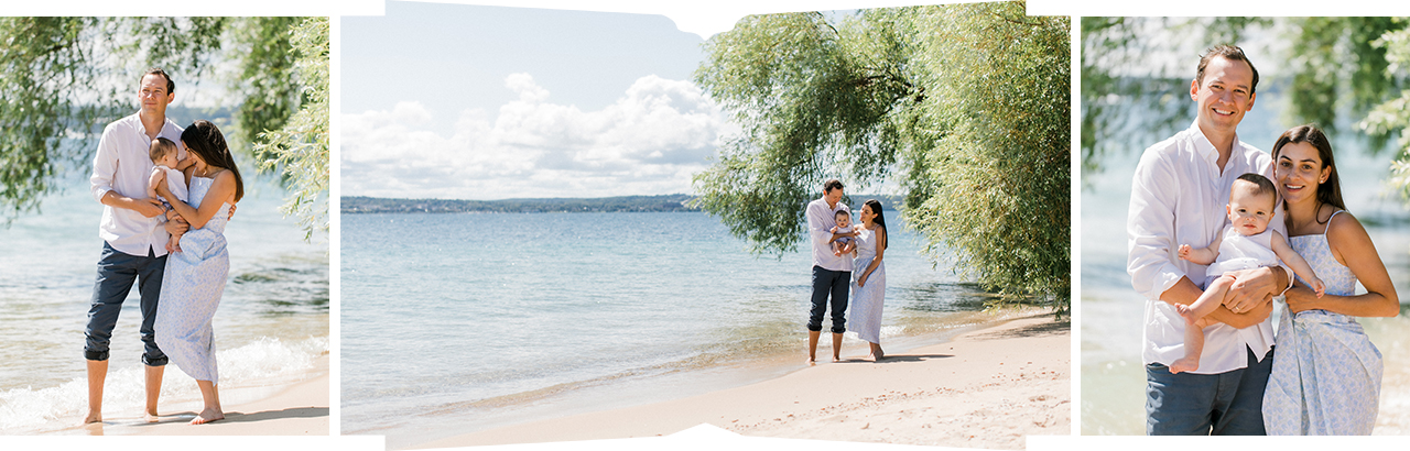 A family of three taking portraits by the lakeshore and a willow tree in Michigan