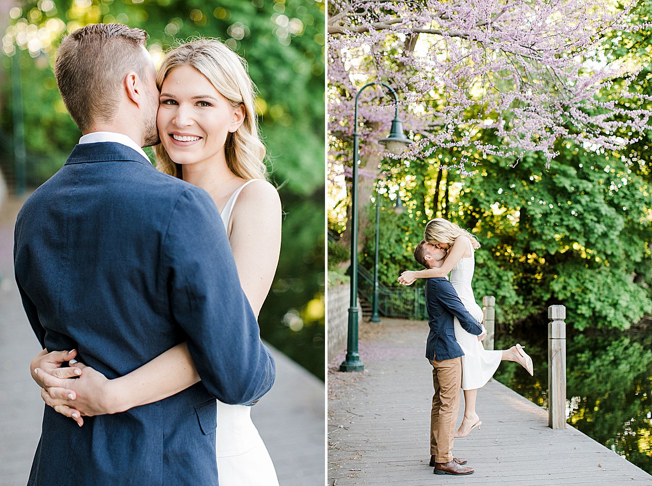 A couple on a boardwalk taking engagement photos in Downtown Traverse City