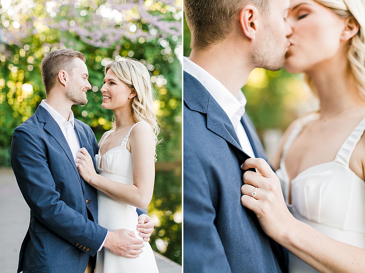 A couple taking engagement photos at sunset in the spring in Downtown Traverse City