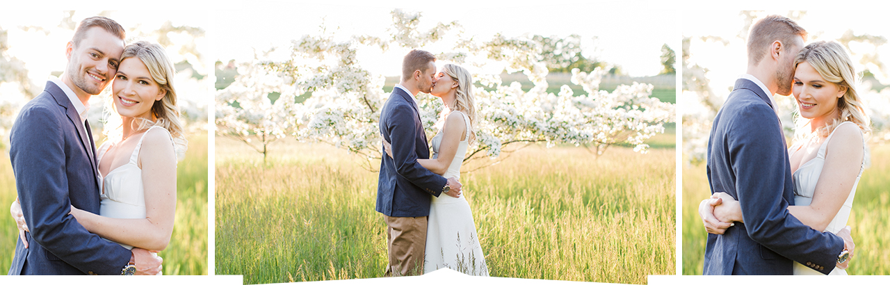 A couple taking engagement photos in the spring on Old Mission Peninsula in Michigan