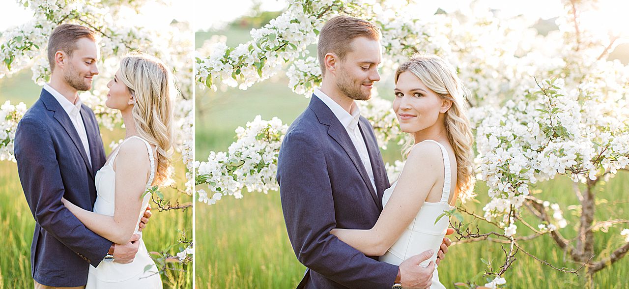 Engagement photos of a couple on Old Mission Peninsula in Michigan at sunset