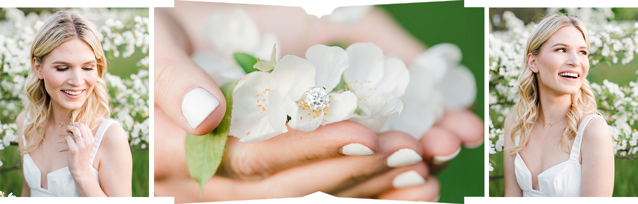 Portraits of a fiancé woman near a blooming tree in the spring in Northern Michigan