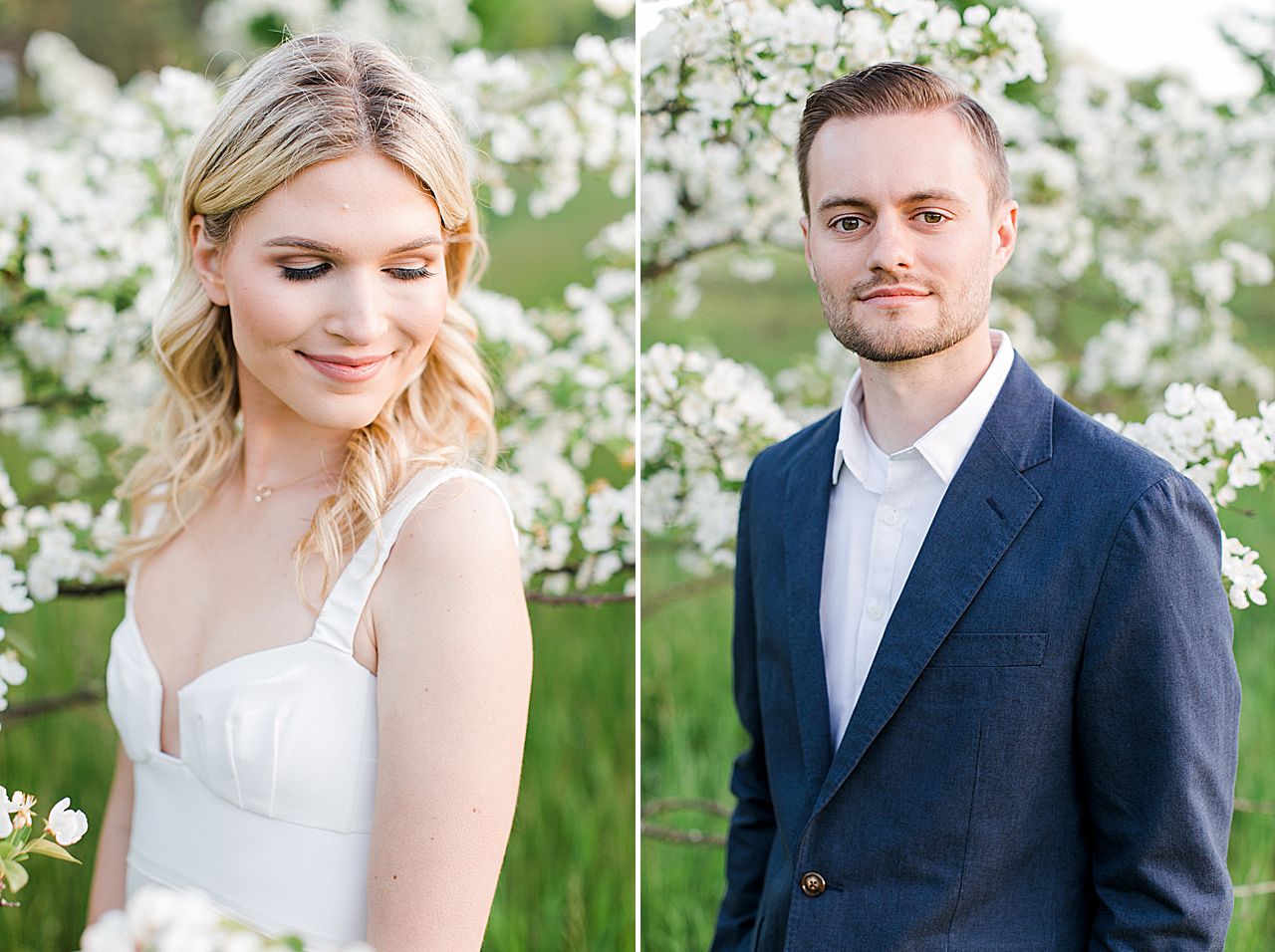 Individual portraits of an engaged couple in the spring on Old Mission Peninsula