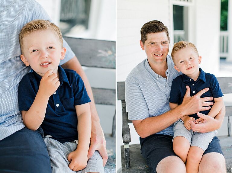 A portrait of a father and his son in Northern Michigan on a white porch