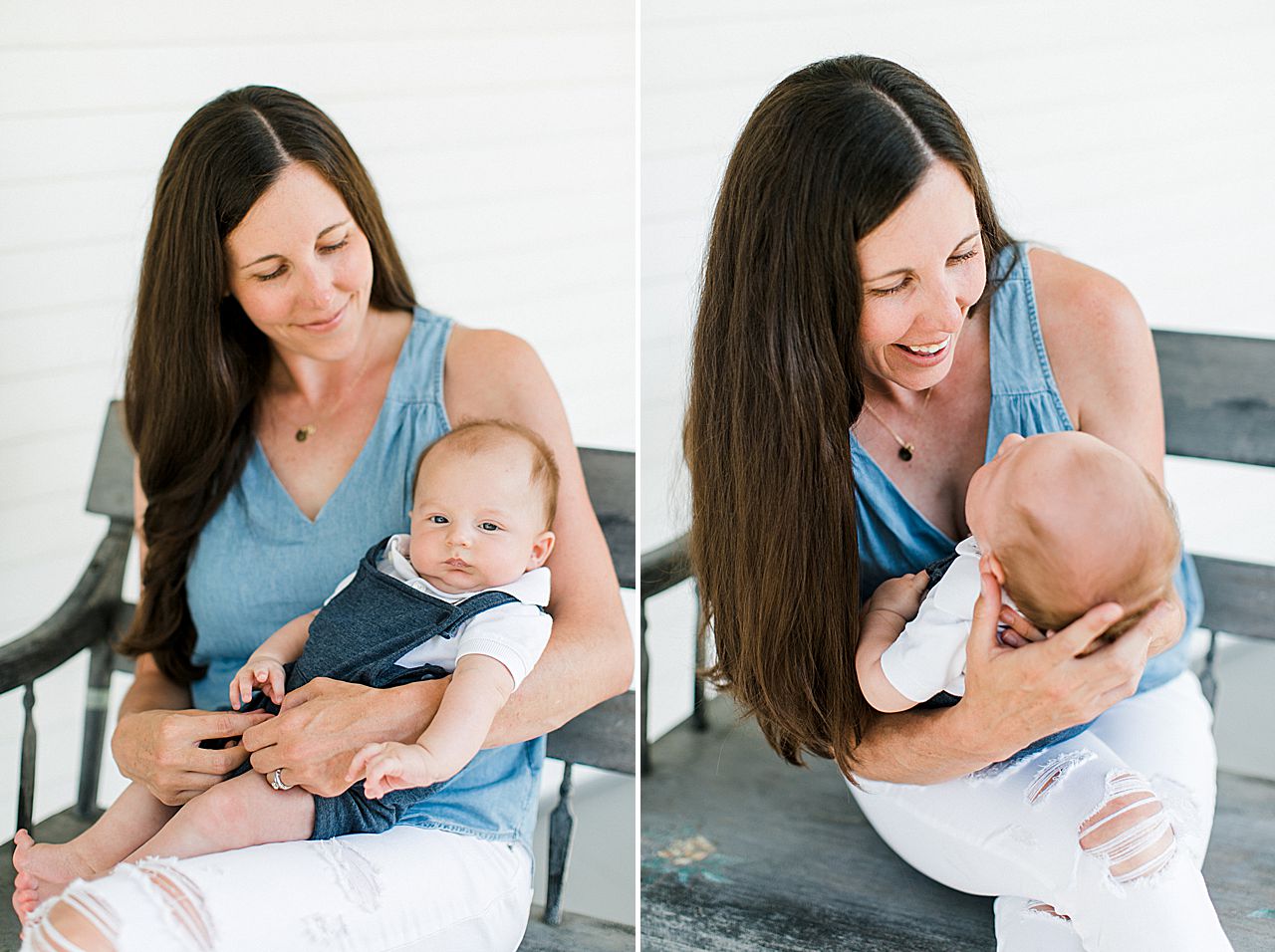 A portrait of a mother and her newborn son in Petoskey, Michigan on a white porch