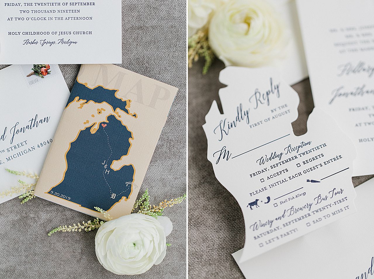 A wedding invitation suite with a Michigan cutout for the RSVP